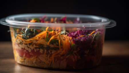 A gourmet meal with fresh vegetables, meat, and seafood variations generated by artificial intelligenceの素材