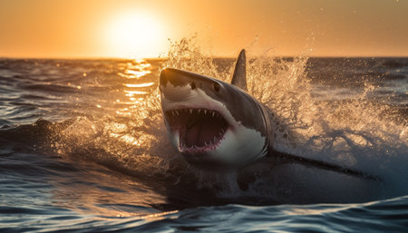The majestic dragon teeth glinted in the sunset golden light generated by artificial intelligenceの素材