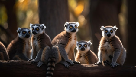 A row of cute, striped ring tailed lemurs sitting in a tree generated by artificial intelligenceの素材