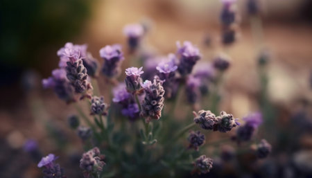 A tranquil lilac meadow, a single flower in focus generated by artificial intelligenceの素材