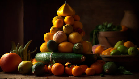 Fresh organic citrus fruits and vegetables decorate rustic wooden table generated by artificial intelligenceの素材