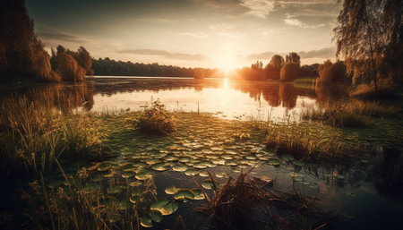 A tranquil scene at dusk, with a blue sky reflection generated by artificial intelligenceの素材