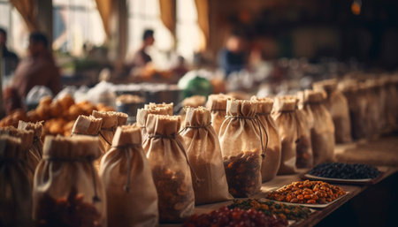 Fresh produce and spices for sale at crowded street market generated by artificial intelligenceの素材