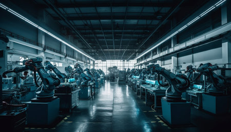 Robotic arms in a row weld metal on production line generated by artificial intelligenceの素材