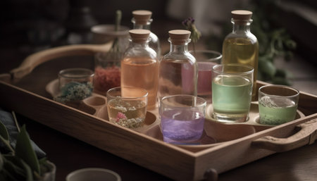 Aromatherapy bottle on wood table, relaxation and wellbeing treatment generated by artificial intelligenceの素材
