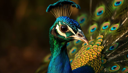 The majestic peacock displays vibrant elegance with multi colored feathers generated by artificial intelligenceの素材