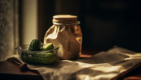 Autumn harvest Fresh organic vegetables picked in homemade vinegar jar generated by artificial intelligenceの素材