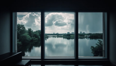 Looking through window, dark silhouette against moody sky backdrop generated by artificial intelligenceの素材