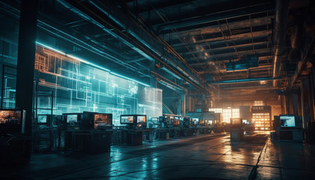 Futuristic factory illuminates night with modern machinery and robotics generated by artificial intelligenceの素材