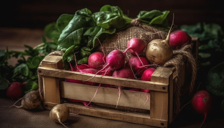 Rustic still life of fresh organic vegetables in wooden crate generated by artificial intelligenceの素材