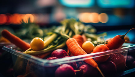 Fresh, healthy vegetarian salad with multi-colored vegetables and fruits generated by artificial intelligenceの素材