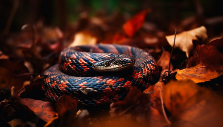 Poisonous viper slithers on branch in spooky autumn forest generated by artificial intelligenceの素材