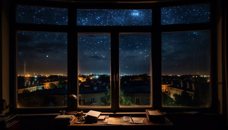 Looking through window, cityscape illuminated by starry Milky Way generated by artificial intelligenceの素材