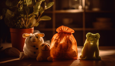 A playful teddy bear sits on a wooden table indoors generated by artificial intelligenceの素材