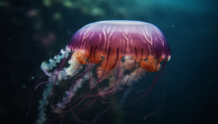 Poisonous cnidarian tentacles glow in dark underwater beauty levitation generated by artificial intelligenceの素材