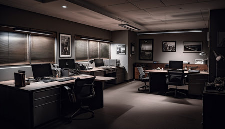 Modern office design with elegant chair, computer and lighting equipment generated by artificial intelligenceの素材