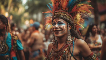 Joyful young women dance in colorful samba costumes outdoors generated by artificial intelligenceの素材