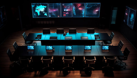 Global communication seminar held in futuristic board room with abstract decoration generated by artificial intelligenceの素材