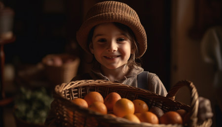 One cute girl smiling, holding a basket of fresh fruit generated by artificial intelligenceの素材