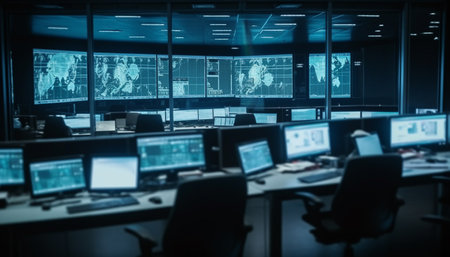 Modern office with computer equipment, dark back lit liquid crystal display generated by artificial intelligenceの素材