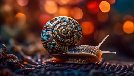 Slow motion slimy snail sliding on green plant in summer generated by artificial intelligenceの素材