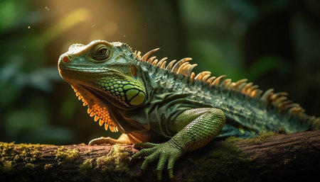 Green iguana crawls on branch, its scales multi colored and vibrant generated by artificial intelligenceの素材