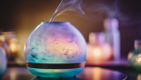 A glowing blue flame illuminates a wet glass bottle indoors generated by artificial intelligenceの素材