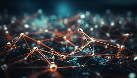 Geometric shapes in a row create futuristic computer network backdrop generated by artificial intelligenceの素材