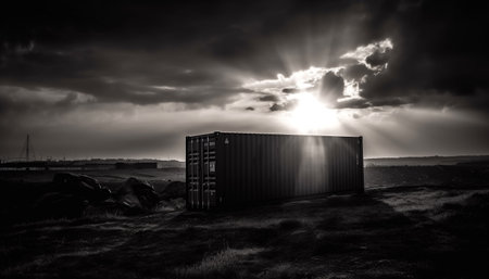 Industrial ship delivers cargo containers at dusk on moody coastline generated by artificial intelligenceの素材
