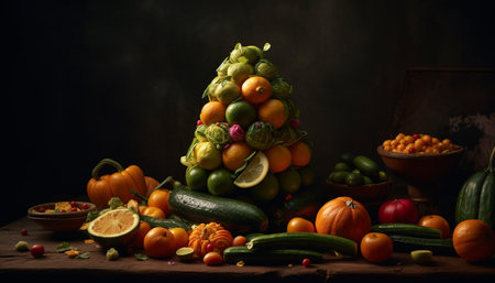Autumn harvest Fresh organic vegetables and fruits decorate rustic table generated by artificial intelligenceの素材