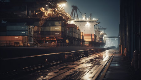 Steel cargo containers illuminate the dark quayside at sunset generated by artificial intelligenceの素材