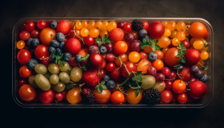 Healthy gourmet salad with ripe heirloom tomato, fresh vegetables, and berries generated by artificial intelligenceの素材
