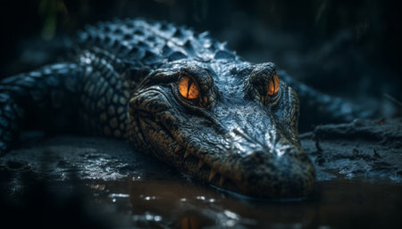 American alligator resting underwater, looking at camera in swamp generated by artificial intelligenceの素材