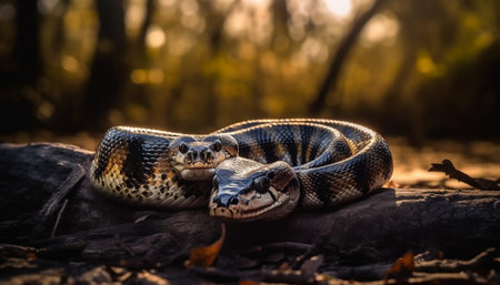 The viper spiral tongue flicks in the spooky forest night generated by artificial intelligenceの素材