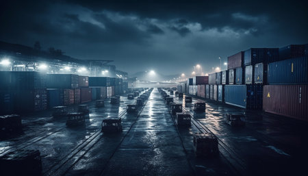 Industrial ship delivers cargo containers to commercial dock at dusk generated by artificial intelligenceの素材