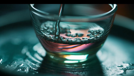 A refreshing cocktail poured into a glass, splashing ice cubes generated by artificial intelligenceの素材