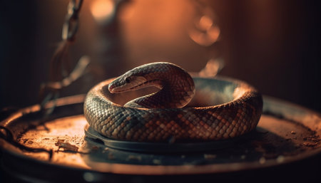 Poisonous viper spiral pattern on skin, close up and dangerous generated by artificial intelligenceの素材
