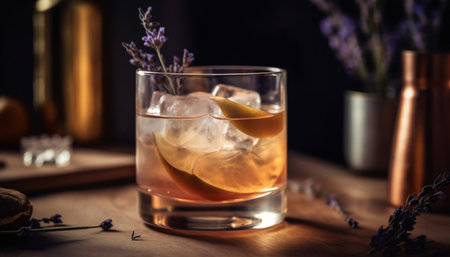 A refreshing whiskey cocktail on a wooden table at night generated by artificial intelligenceの素材