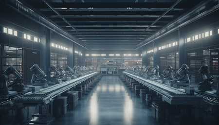 Futuristic robotic factory with automated machinery in a clean environment generated by artificial intelligenceの素材