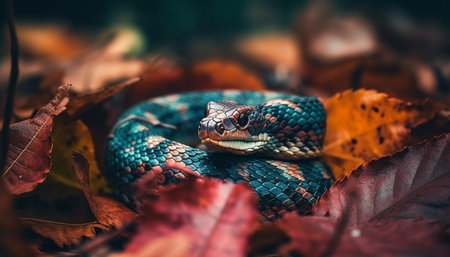 Poisonous viper crawls on branch, tongue flicks in spooky forest generated by artificial intelligenceの素材