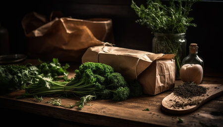 Fresh organic salad ingredients in rustic paper bag for lunch generated by artificial intelligenceの素材