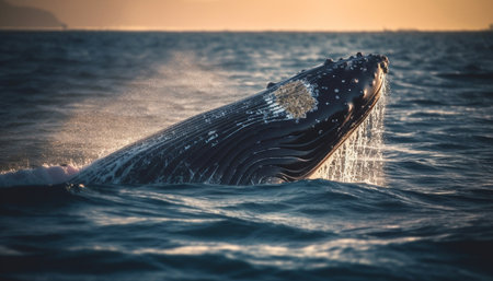 A large humpback whale breaches, splashing in the blue sea generated by artificial intelligenceの素材