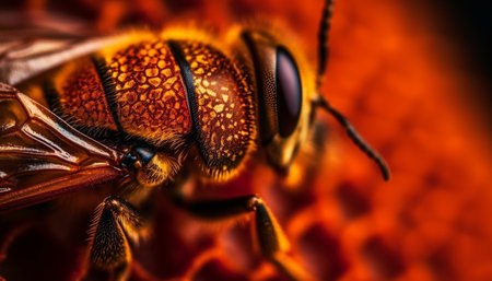 Busy bee pollinates flower, striped body collecting pollen outdoors generated by artificial intelligenceの素材