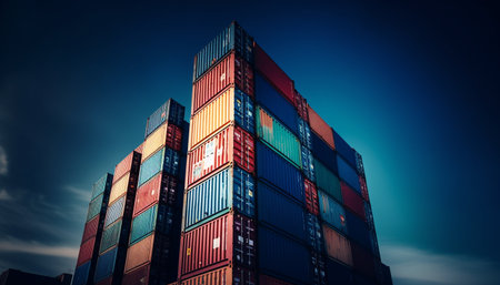 Multi colored cargo containers stack on illuminated commercial dock at dusk generated by artificial intelligenceの素材