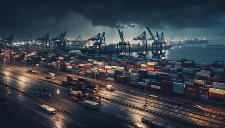 Container ship delivering cargo at dusk to global business industry generated by artificial intelligenceの素材