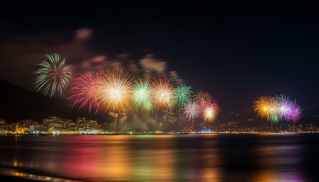 Vibrant colors illuminate cityscape during explosive firework display celebration generated by artificial intelligenceの素材