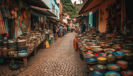 Colorful pottery souvenirs sold at outdoor street markets in Asia generated by artificial intelligenceの素材