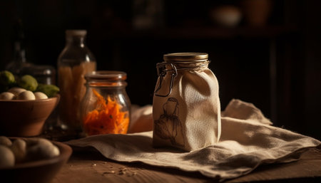 Rustic pumpkin spice jar adds autumn flavor to homemade meal generated by artificial intelligenceの素材