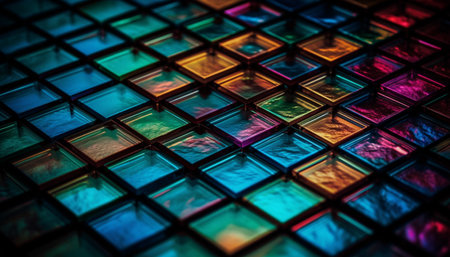 A futuristic skyscraper with a vibrant blue glass facade generated by artificial intelligenceの素材