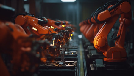 Automated robotic arm in metal industry factory working indoors generated by artificial intelligenceの素材